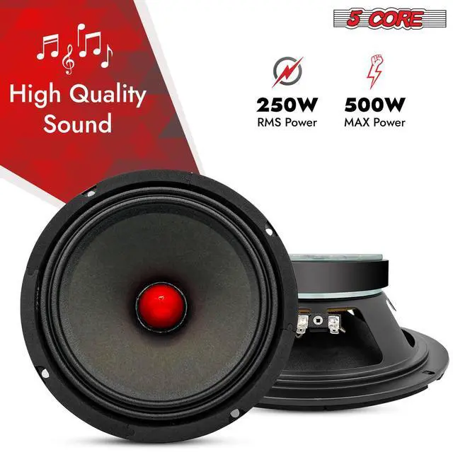 Alt view image 2 of 10 - 5 CORE 8 Inch Speaker Mid Range Bullet Pro Audio Replacement PA DJ Car Driver Red Aluminium Bullet 500W Max 8 Ohms Audio Door Speakers for Vehicle or Truck Sound System - MR 8 BLT R 8oHM