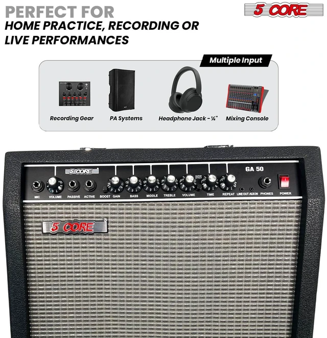 Alt view image 3 of 7 - 5 Core Guitar Amp 50 Watt Electric Amplifier w Built in 8" Speaker Aux Headphone Jack fender Portable Mini Practice Amps w Gain Bass Treble Volume and Middle Black - GA 50 BLK
