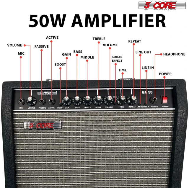 Alt view image 2 of 7 - 5 Core Guitar Amp 50 Watt Electric Amplifier w Built in 8" Speaker Aux Headphone Jack fender Portable Mini Practice Amps w Gain Bass Treble Volume and Middle Black - GA 50 BLK