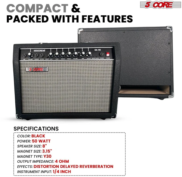 Alt view image 6 of 7 - 5 Core Guitar Amp 50 Watt Electric Amplifier w Built in 8" Speaker Aux Headphone Jack fender Portable Mini Practice Amps w Gain Bass Treble Volume and Middle Black - GA 50 BLK