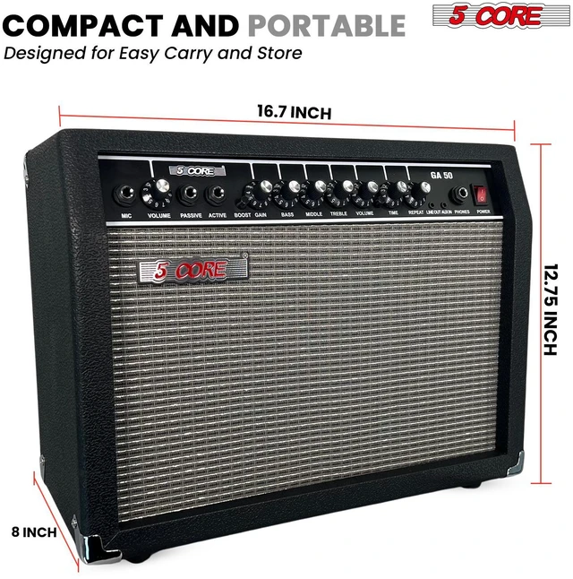 Alt view image 7 of 7 - 5 Core Guitar Amp 50 Watt Electric Amplifier w Built in 8" Speaker Aux Headphone Jack fender Portable Mini Practice Amps w Gain Bass Treble Volume and Middle Black - GA 50 BLK