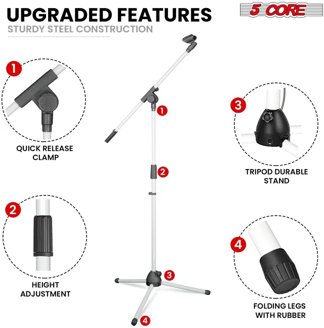 Alt view image 5 of 7 - 5Core Tripod Mic Stand 4Pcs Adjustable Holder Floor Microphone Boom Arm - MS 080 4PC Red