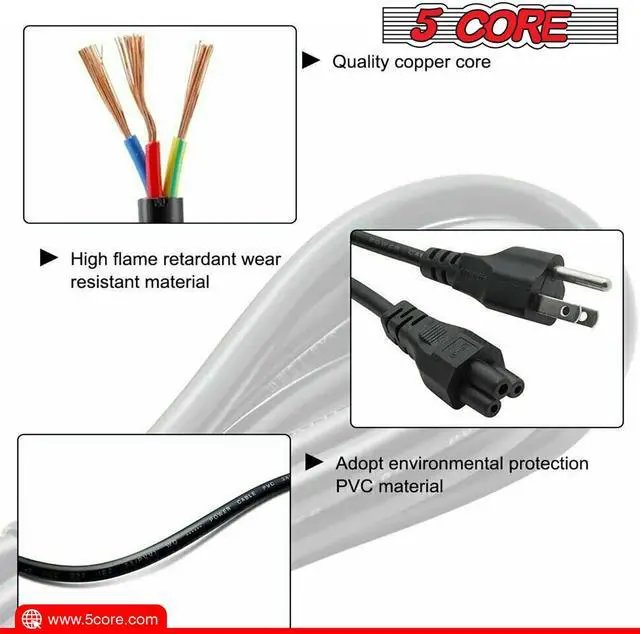 Alt view image 3 of 10 - 5 Core Extra Long 10ft 2 Prong Non-Polarized AC Wall Power Cable Cord for HP Dell Samsung Sony Asus Acer Toshiba Laptop Charger LED LCD Monitor Replacement Power Cord PL 1001