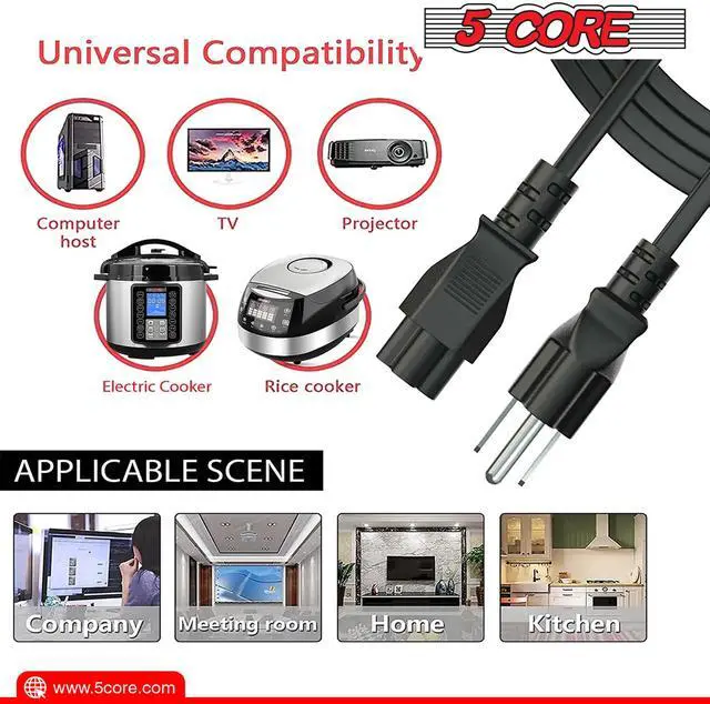 Alt view image 7 of 10 - 5 Core Extra Long 10ft 2 Prong Non-Polarized AC Wall Power Cable Cord for HP Dell Samsung Sony Asus Acer Toshiba Laptop Charger LED LCD Monitor Replacement Power Cord PL 1001