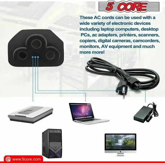 Alt view image 5 of 10 - 5 Core Extra Long 10ft 2 Prong Non-Polarized AC Wall Power Cable Cord for HP Dell Samsung Sony Asus Acer Toshiba Laptop Charger LED LCD Monitor Replacement Power Cord PL 1001