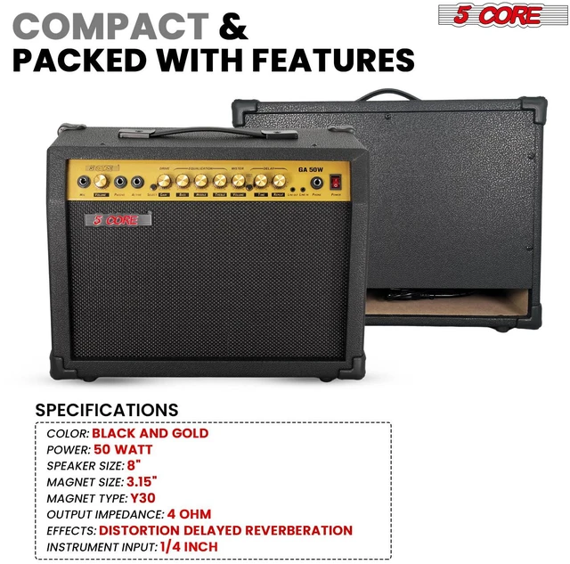 Alt view image 5 of 7 - 5 Core Guitar Amp 50 Watt Electric Amplifier w Built in 8" Speaker Aux Headphone Jack fender Portable Mini Practice Amps w Gain Bass Treble Volume and Middle - GA 50W GLD-BLK