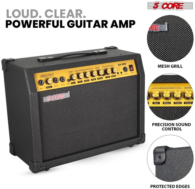Alt view image 2 of 7 - 5 Core Guitar Amp 50 Watt Electric Amplifier w Built in 8" Speaker Aux Headphone Jack fender Portable Mini Practice Amps w Gain Bass Treble Volume and Middle - GA 50W GLD-BLK