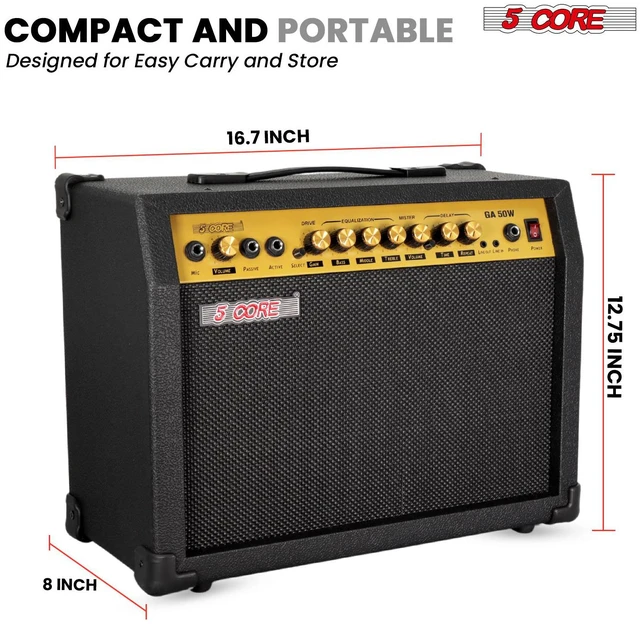 Alt view image 3 of 7 - 5 Core Guitar Amp 50 Watt Electric Amplifier w Built in 8" Speaker Aux Headphone Jack fender Portable Mini Practice Amps w Gain Bass Treble Volume and Middle - GA 50W GLD-BLK