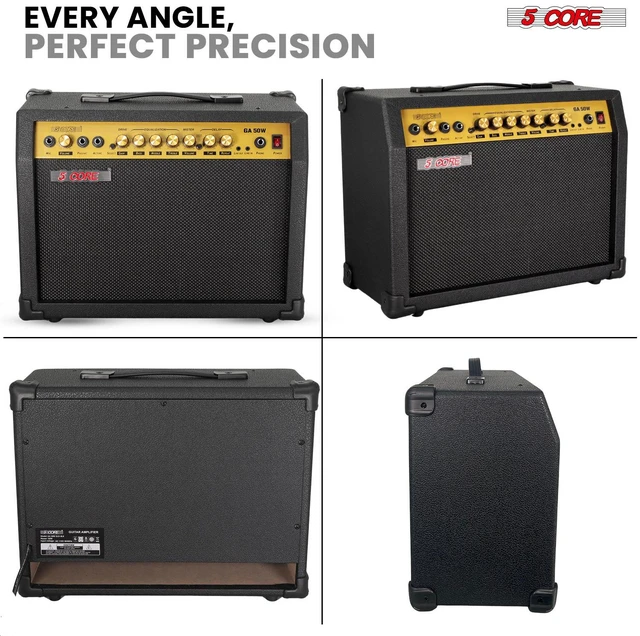 Alt view image 6 of 7 - 5 Core Guitar Amp 50 Watt Electric Amplifier w Built in 8" Speaker Aux Headphone Jack fender Portable Mini Practice Amps w Gain Bass Treble Volume and Middle - GA 50W GLD-BLK