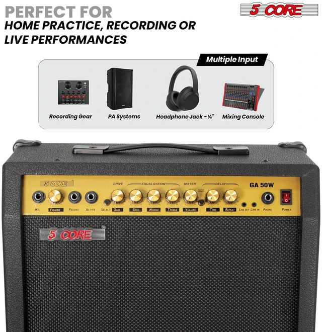 Alt view image 4 of 7 - 5 Core Guitar Amp 50 Watt Electric Amplifier w Built in 8" Speaker Aux Headphone Jack fender Portable Mini Practice Amps w Gain Bass Treble Volume and Middle - GA 50W GLD-BLK