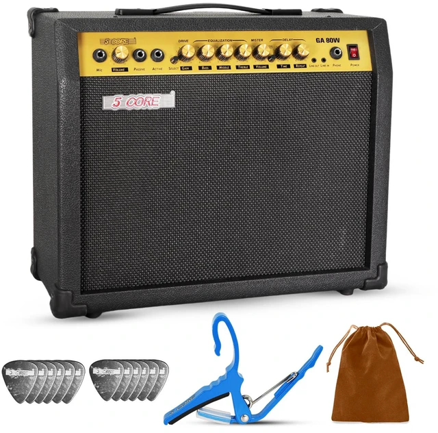 Main image of 5 Core Guitar Amp 80 Watt Electric Amplifier w Built in 10" Speaker Aux Headphone Jack fender Portable Mini Practice Amps w Gain Bass Treble Volume and Middle - GA 80W GLD-BLK
