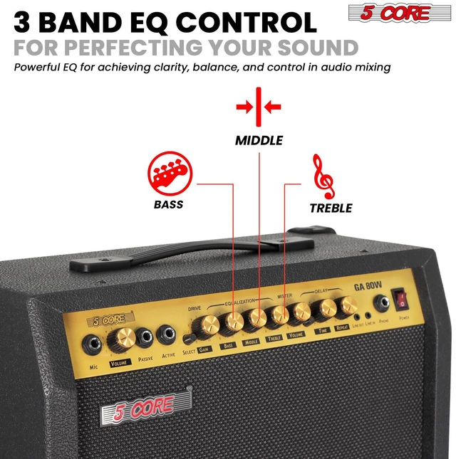 Alt view image 3 of 7 - 5 Core Guitar Amp 80 Watt Electric Amplifier w Built in 10" Speaker Aux Headphone Jack fender Portable Mini Practice Amps w Gain Bass Treble Volume and Middle - GA 80W GLD-BLK