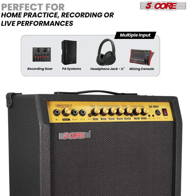 Alt view image 4 of 7 - 5 Core Guitar Amp 80 Watt Electric Amplifier w Built in 10" Speaker Aux Headphone Jack fender Portable Mini Practice Amps w Gain Bass Treble Volume and Middle - GA 80W GLD-BLK
