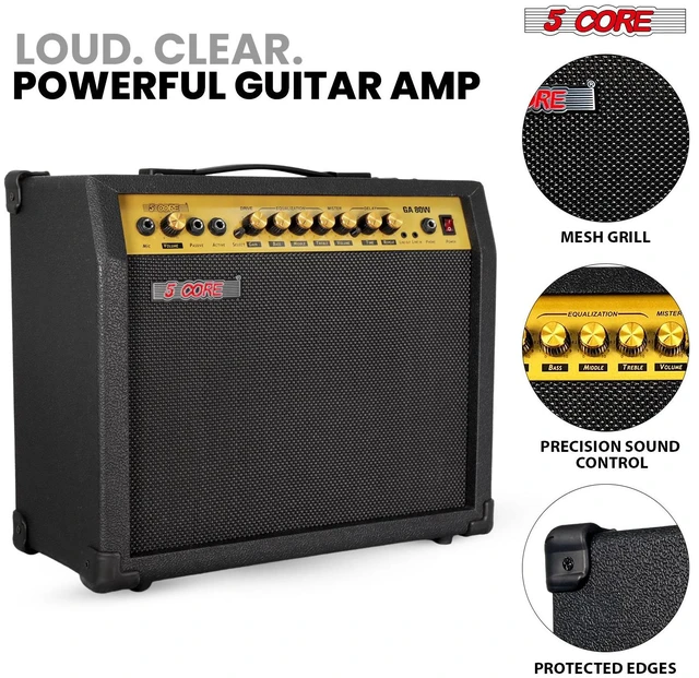 Alt view image 6 of 7 - 5 Core Guitar Amp 80 Watt Electric Amplifier w Built in 10" Speaker Aux Headphone Jack fender Portable Mini Practice Amps w Gain Bass Treble Volume and Middle - GA 80W GLD-BLK