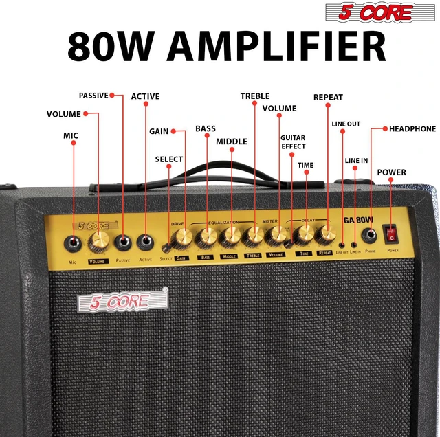 Alt view image 2 of 7 - 5 Core Guitar Amp 80 Watt Electric Amplifier w Built in 10" Speaker Aux Headphone Jack fender Portable Mini Practice Amps w Gain Bass Treble Volume and Middle - GA 80W GLD-BLK