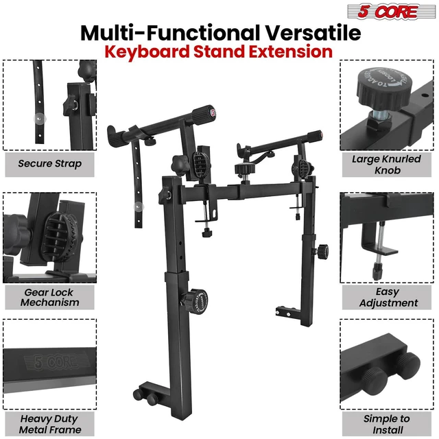 Alt view image 4 of 7 - 5 Core 2 Tier Keyboard Stand Attachment Height Width Adjustable Electric Digital Piano Stands for 54, 88 Key Keyboards Synth Double Extender Music Stand Adapter for Z Style Stands w Strap - KS 2T GEAR