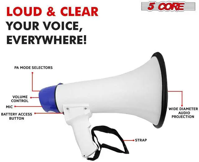 Alt view image 6 of 15 - 5 Core Megaphone 20W Bull Horn 300 Yard Range w Loud Siren Portable Volume Control Voice Amplifier Horn Cheer Noise Maker for Coaches Sporting Event Party Crowd Control - 20R WoB