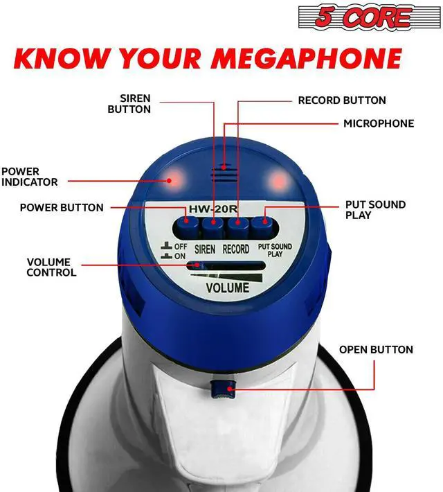 Alt view image 4 of 15 - 5 Core Megaphone 20W Bull Horn 300 Yard Range w Loud Siren Portable Volume Control Voice Amplifier Horn Cheer Noise Maker for Coaches Sporting Event Party Crowd Control - 20R WoB