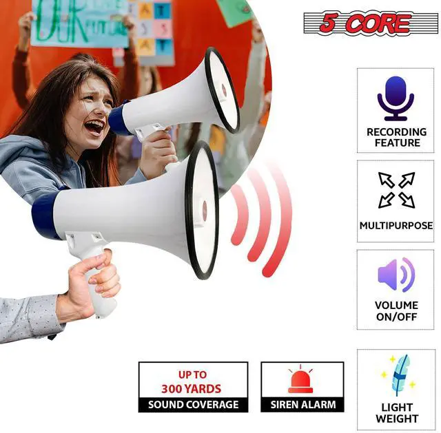 Alt view image 3 of 15 - 5 Core Megaphone 20W Bull Horn 300 Yard Range w Loud Siren Portable Volume Control Voice Amplifier Horn Cheer Noise Maker for Coaches Sporting Event Party Crowd Control - 20R WoB