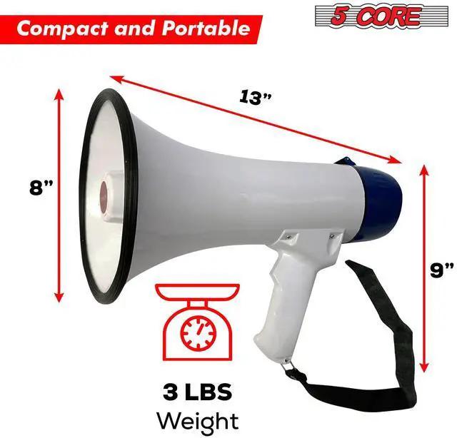 Alt view image 7 of 15 - 5 Core Megaphone 20W Bull Horn 300 Yard Range w Loud Siren Portable Volume Control Voice Amplifier Horn Cheer Noise Maker for Coaches Sporting Event Party Crowd Control - 20R WoB
