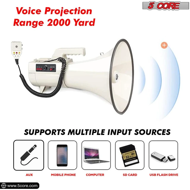 Alt view image 3 of 10 - 5Core Megaphone Bullhorn Speaker 100W Professional Bull Horn Battery Power Cheer Megafono 2000 Yard Range Loudspeaker W Siren Recording Ergonomic Handle for Coaches Football Baseball - 4501 USB