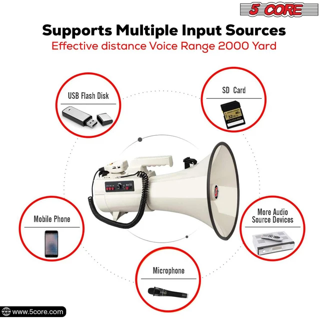 Alt view image 4 of 10 - 5Core Megaphone Bullhorn Speaker 100W Professional Bull Horn Battery Power Cheer Megafono 2000 Yard Range Loudspeaker W Siren Recording Ergonomic Handle for Coaches Football Baseball - 4501 USB