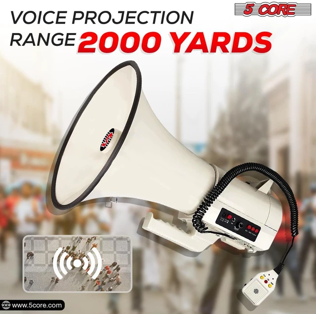 Alt view image 2 of 10 - 5Core Megaphone Bullhorn Speaker 100W Professional Bull Horn Battery Power Cheer Megafono 2000 Yard Range Loudspeaker W Siren Recording Ergonomic Handle for Coaches Football Baseball - 4501 USB
