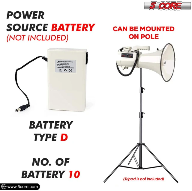 Alt view image 7 of 10 - 5Core Megaphone Bullhorn Speaker 100W Professional Bull Horn Battery Power Cheer Megafono 2000 Yard Range Loudspeaker W Siren Recording Ergonomic Handle for Coaches Football Baseball - 4501 USB