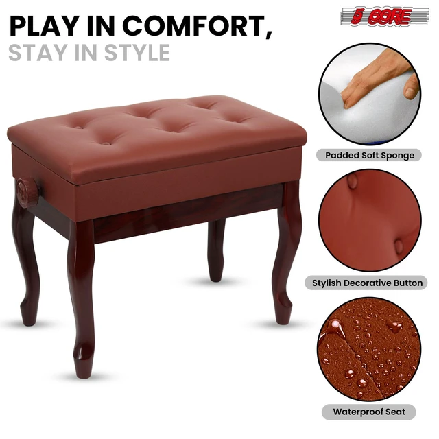 Alt view image 7 of 7 - 5 Core Piano Bench 3 Inch Padded Cushioned Stool Wooden Heavy Duty Musician Chair Height Adjustable Keyboard Seat w Storage Nonslip Rubber Feet Cheery- PNB WD HD CHRY