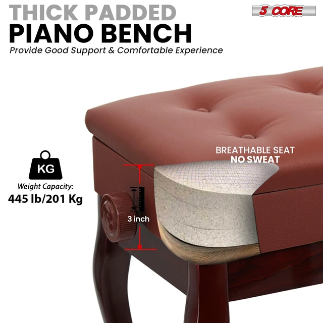Alt view image 2 of 7 - 5 Core Piano Bench 3 Inch Padded Cushioned Stool Wooden Heavy Duty Musician Chair Height Adjustable Keyboard Seat w Storage Nonslip Rubber Feet Cheery- PNB WD HD CHRY