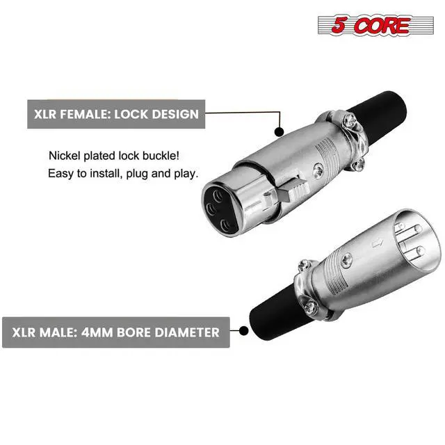 Alt view image 7 of 7 - 5Core XLR Connector 2 Pair Male Female to 1/4 Audio Jack 3 Pin Secure Mic Plug w Locking Ends