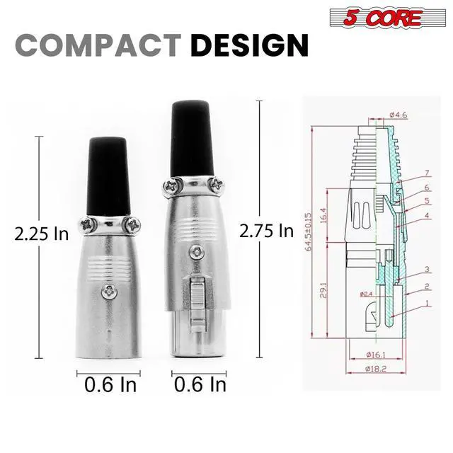 Alt view image 5 of 7 - 5Core XLR Connector 2 Pair Male Female to 1/4 Audio Jack 3 Pin Secure Mic Plug w Locking Ends