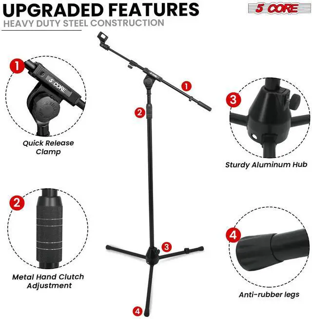 Alt view image 5 of 7 - 5 Core Mic Stand 2Pcs Adjustable Microphone Stands Floor w 180° Rotating Telescoping Metal Boom Arm