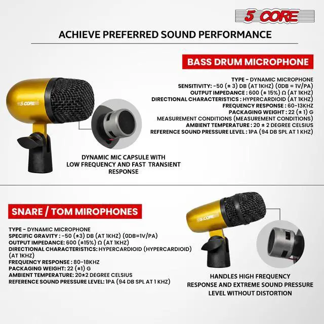 Alt view image 3 of 7 - 5 Core Conga Mic Snare Tom Set Professional XLR Cardioid Condenser Instrument Microphone Kit