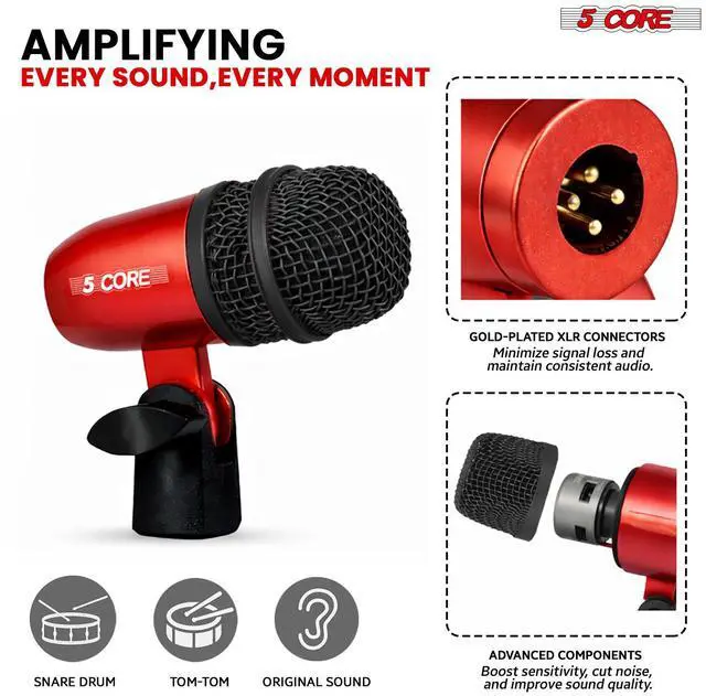Alt view image 4 of 7 - 5 Core Conga Mic Snare Tom Set Professional XLR Cardioid Unidirectional Instrument Microphone Kit
