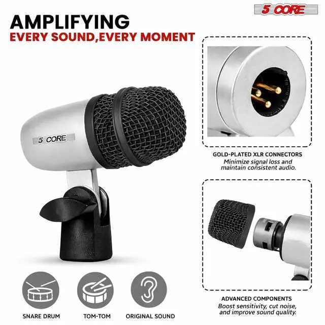 Alt view image 6 of 7 - 5 Core Conga Mic Snare Tom Set Professional XLR Cardioid Unidirectional Instrument Microphone Kit