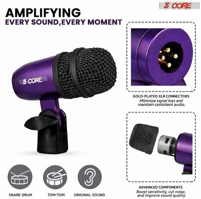 Alt view image 4 of 7 - 5 Core Conga Mic Snare Tom Set Professional XLR Cardioid Unidirectional Instrument Microphone Kit