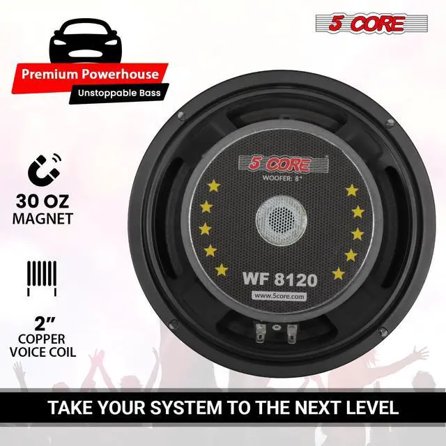 Alt view image 4 of 6 - 5Core 8 Inch Car Woofer Audio Pair 2000W Combined 4Ohm Deep Bass Sub Woofer Component Speaker System