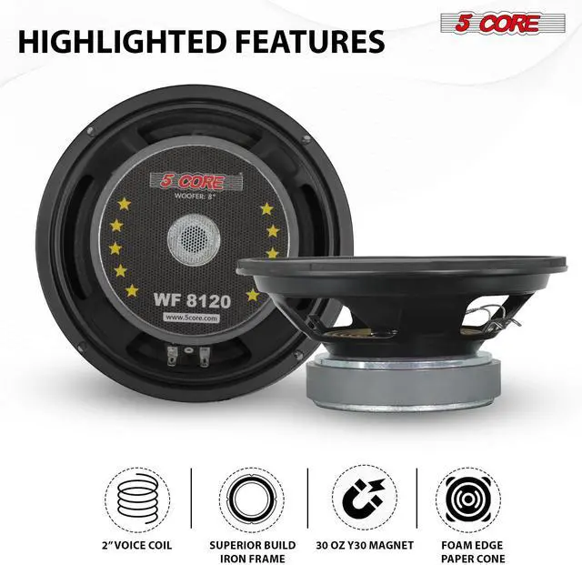 Alt view image 6 of 6 - 5Core 8 Inch Car Woofer Audio Pair 2000W Combined 4Ohm Deep Bass Sub Woofer Component Speaker System