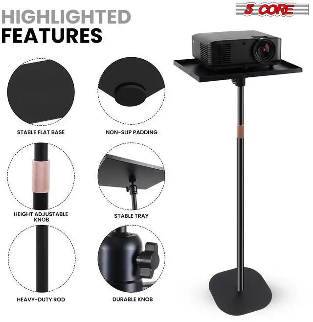 Alt view image 3 of 7 - 5 Core Projector Stand Floor Adjustable 66" Universal Projectors Support for Home Office & Studio