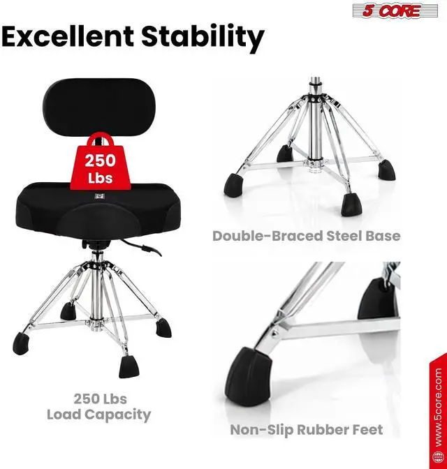 Alt view image 3 of 7 - 5 Core Drum Throne w Backrest 4" Padded Seat Airlift Height Adjustment 31.5" Drum Stool Velvet Seat