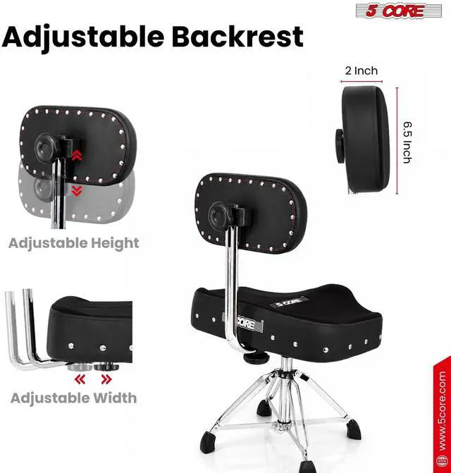 Alt view image 2 of 7 - 5 Core Drum Throne w Backrest 4" Padded Seat Airlift Height Adjustment 31.5" Drum Stool Velvet Seat