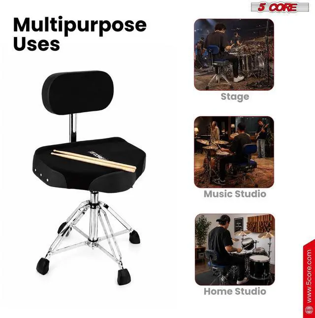 Alt view image 4 of 7 - 5 Core Drum Throne w Backrest 4" Padded Seat Airlift Height Adjustment 31.5" Drum Stool Velvet Seat
