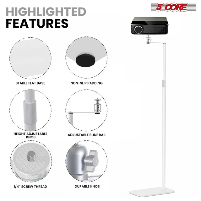 Alt view image 2 of 7 - 5 Core Projector Stand Floor Adjustable 53" Universal Projectors Support for Home Office & Studio