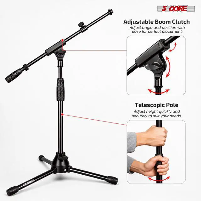 Alt view image 3 of 7 - 5 Core Mic Stand Floor Adjustable Short Tripod Microphone Stands w Telescoping Boom Arm