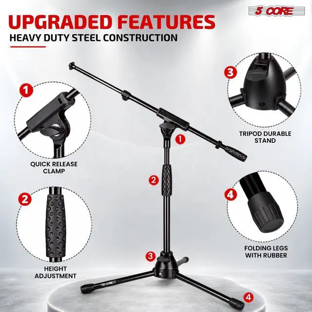 Alt view image 4 of 7 - 5 Core Mic Stand Floor Adjustable Short Tripod Microphone Stands w Telescoping Boom Arm
