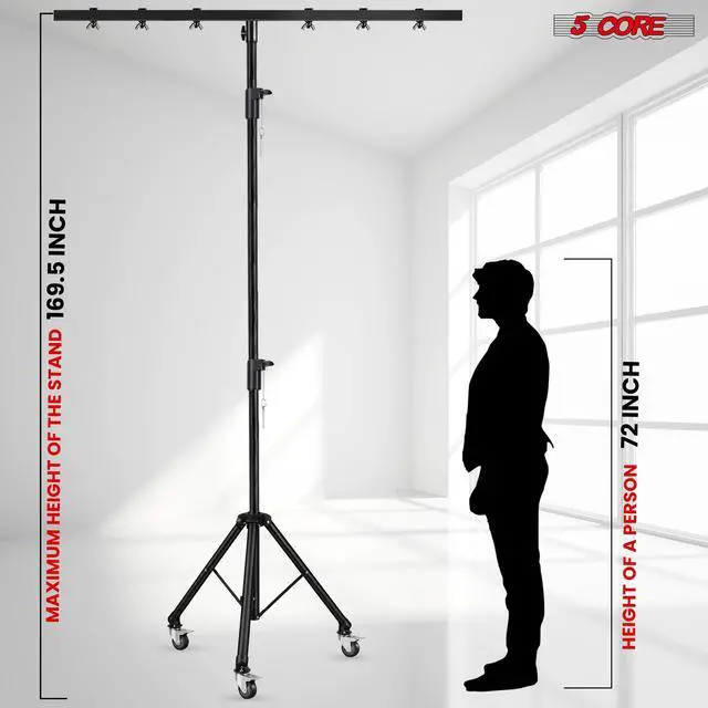 Alt view image 4 of 7 - 5 Core DJ Light Stand Tripod w Wheels 79" Crossbar 6 Light Points Adjustable 169.5" Stage Lighting Stand
