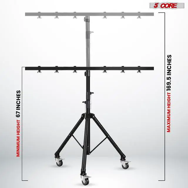 Alt view image 7 of 7 - 5 Core DJ Light Stand Tripod w Wheels 79" Crossbar 6 Light Points Adjustable 169.5" Stage Lighting Stand