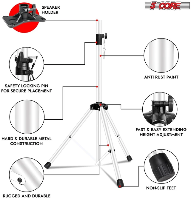 Alt view image 7 of 7 - 5 Core Speaker Stand Pair Height Adjustable 72" Heavy Duty PA DJ Tripod Studio Monitor Stands