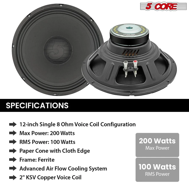 Alt view image 6 of 7 - 5Core 12" Subwoofer 1200W PA DJ Sub Woofer Pair Audio 8Ohm w Deep Bass Pro Audio Replacement Loud Speaker
